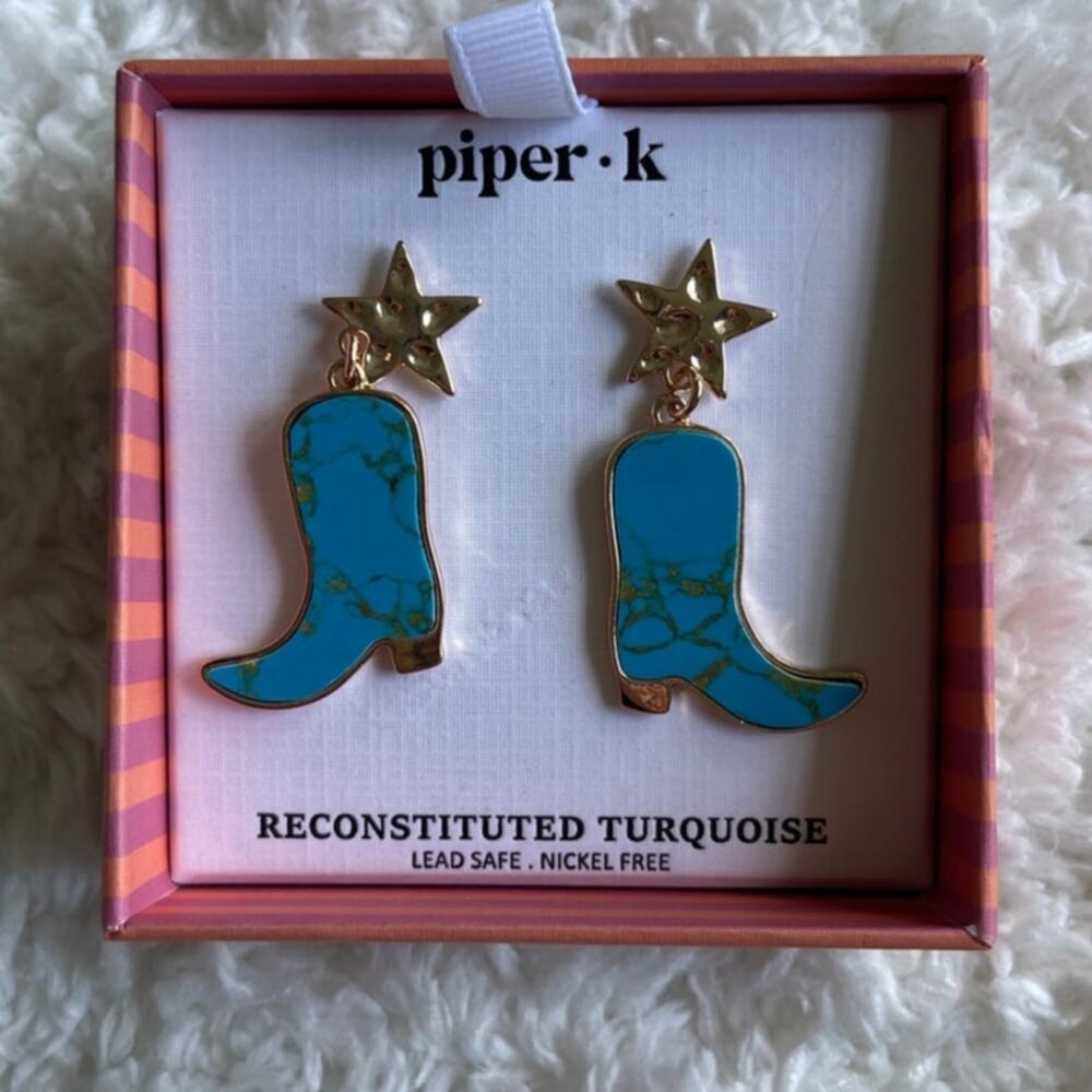 Piper K Turquoise Cowboy Boot Earrings Star Dangle Western Style Holiday Jewelry
